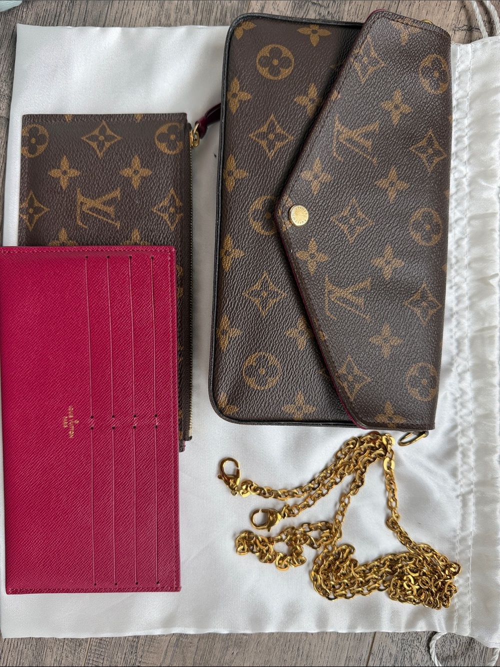Louis Vuitton Monogram Wallet Trio with Fuchsia Cardholder & Gold Chain - Picture 1 of 5